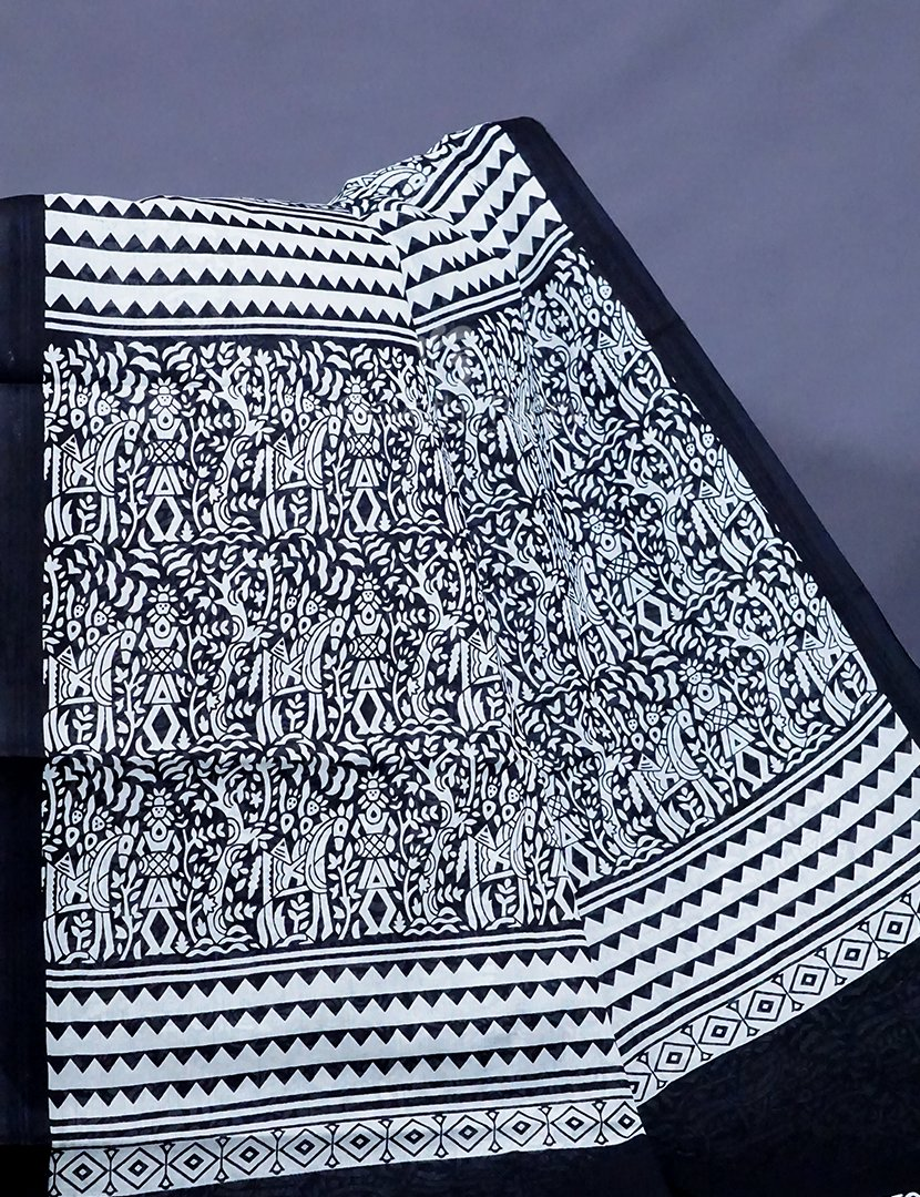 White And Black Combo Block Print Pure Mulmul Cotton Saree By Gayathri Reddy Designer Studio - Distacart