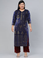 Thumbnail for Biba Women Blue Ethnic Motifs Printed Rayon Kurta - Distacart