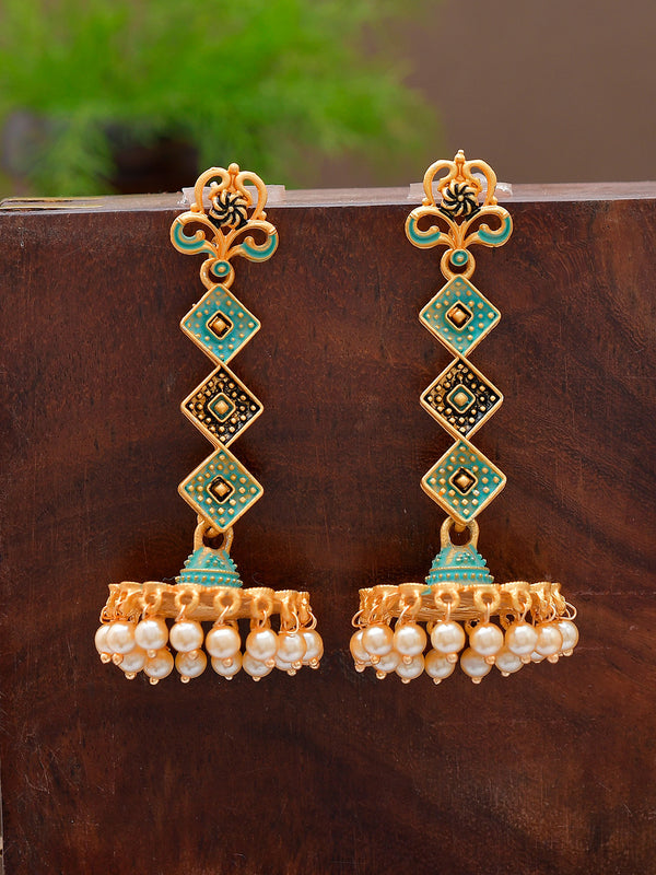 Shoshaa Gold-Toned & Green Contemporary Jhumkas Earrings - Distacart
