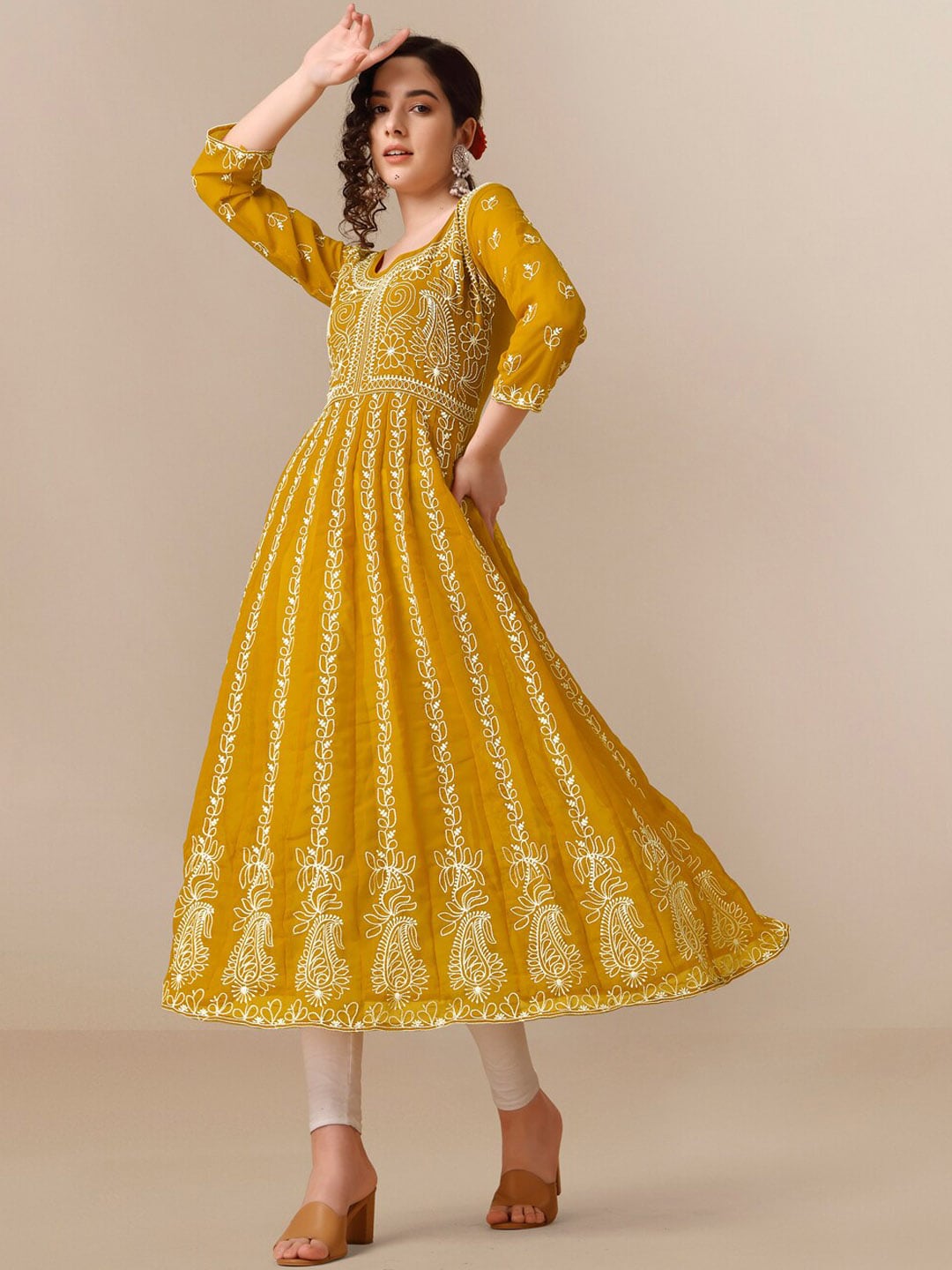 HERE&NOW Ethnic Motifs Embroidered Chikankari Georgette Anarkali Kurta - Distacart