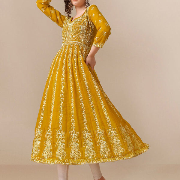 HERE&NOW Ethnic Motifs Embroidered Chikankari Georgette Anarkali Kurta - Distacart