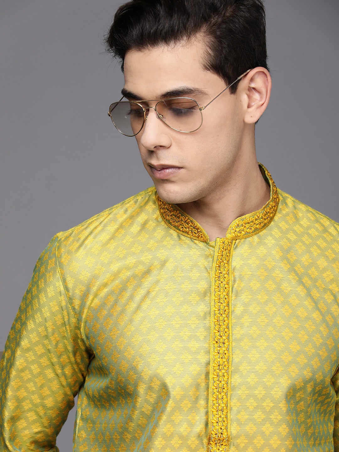 Manyavar Men Mustard Yellow Ethnic Motifs Self Design Kurta with Pyjamas - Distacart