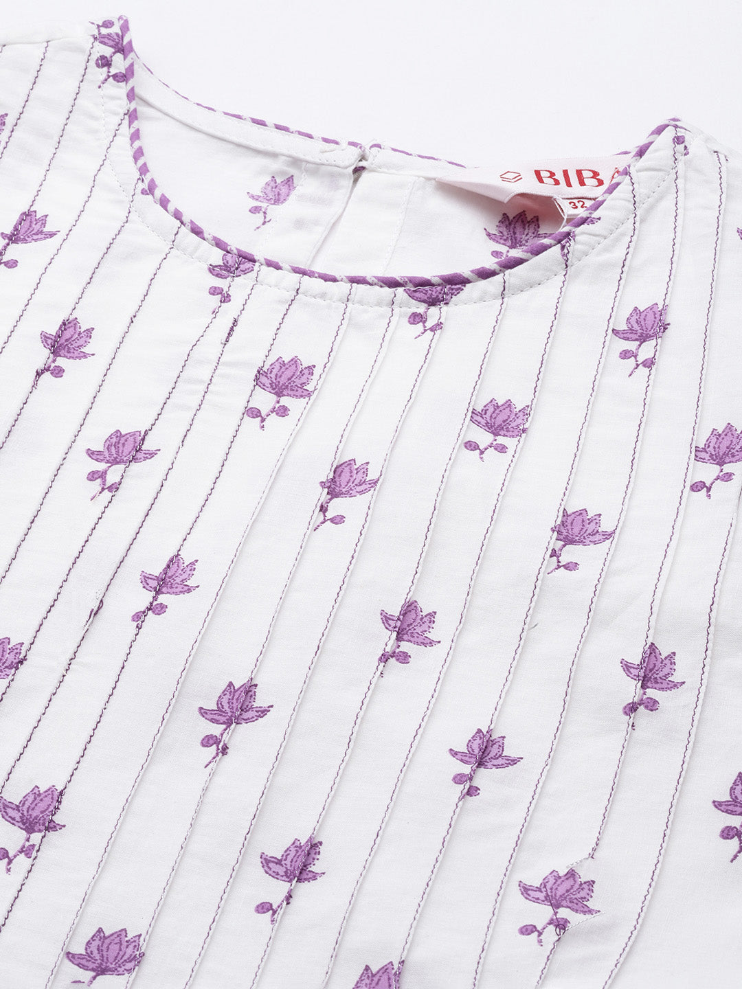 Biba Women White & Lavender Floral Printed Gotta Patti Floral Kurta - Distacart