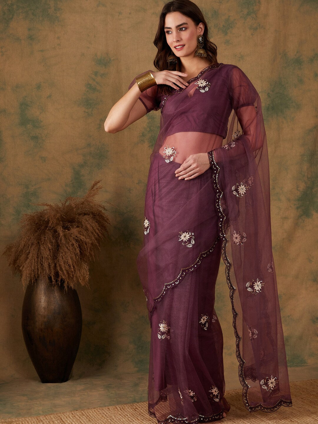 Sangria Purple Floral Embroidered Beads and Stones Embellished Net Saree - Distacart