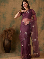 Thumbnail for Sangria Purple Floral Embroidered Beads and Stones Embellished Net Saree - Distacart