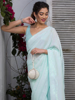 Thumbnail for Koskii Blue & Silver-Toned Embellished Sequinned Saree - Distacart