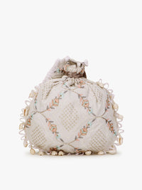 Thumbnail for Anekaant Off White & Gold-Toned Embroidered Tasselled Potli Clutch - Distacart