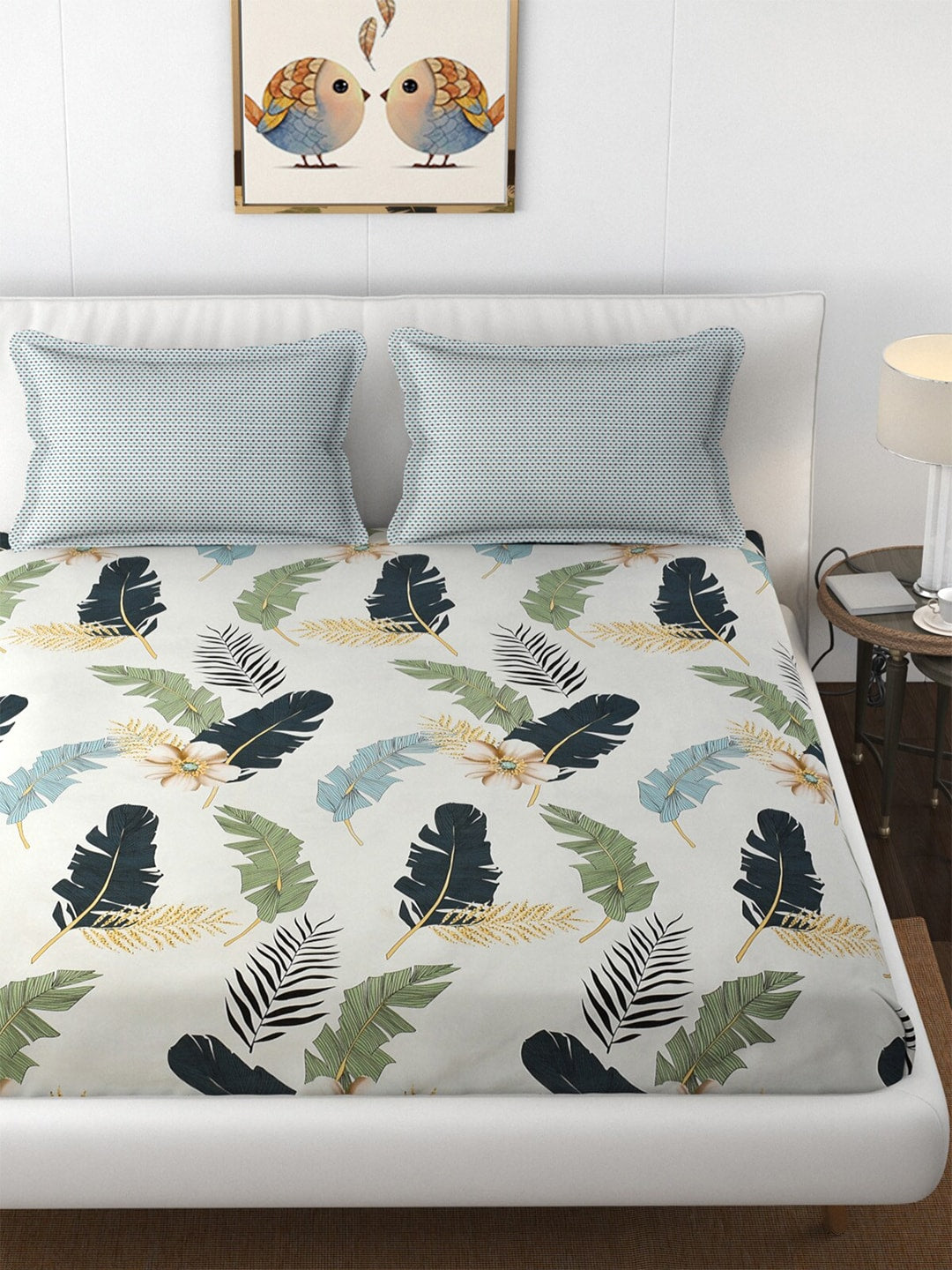 Florida Reeva Off White & Green Floral 180 TC Fitted King Bedsheet With 2 Pillow Covers - Distacart