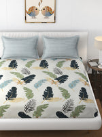 Thumbnail for Florida Reeva Off White & Green Floral 180 TC Fitted King Bedsheet With 2 Pillow Covers - Distacart