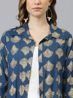 Thumbnail for Khushal K Women Blue Ethnic Motifs Printed Kurta & Palazzos with Jacket - Distacart