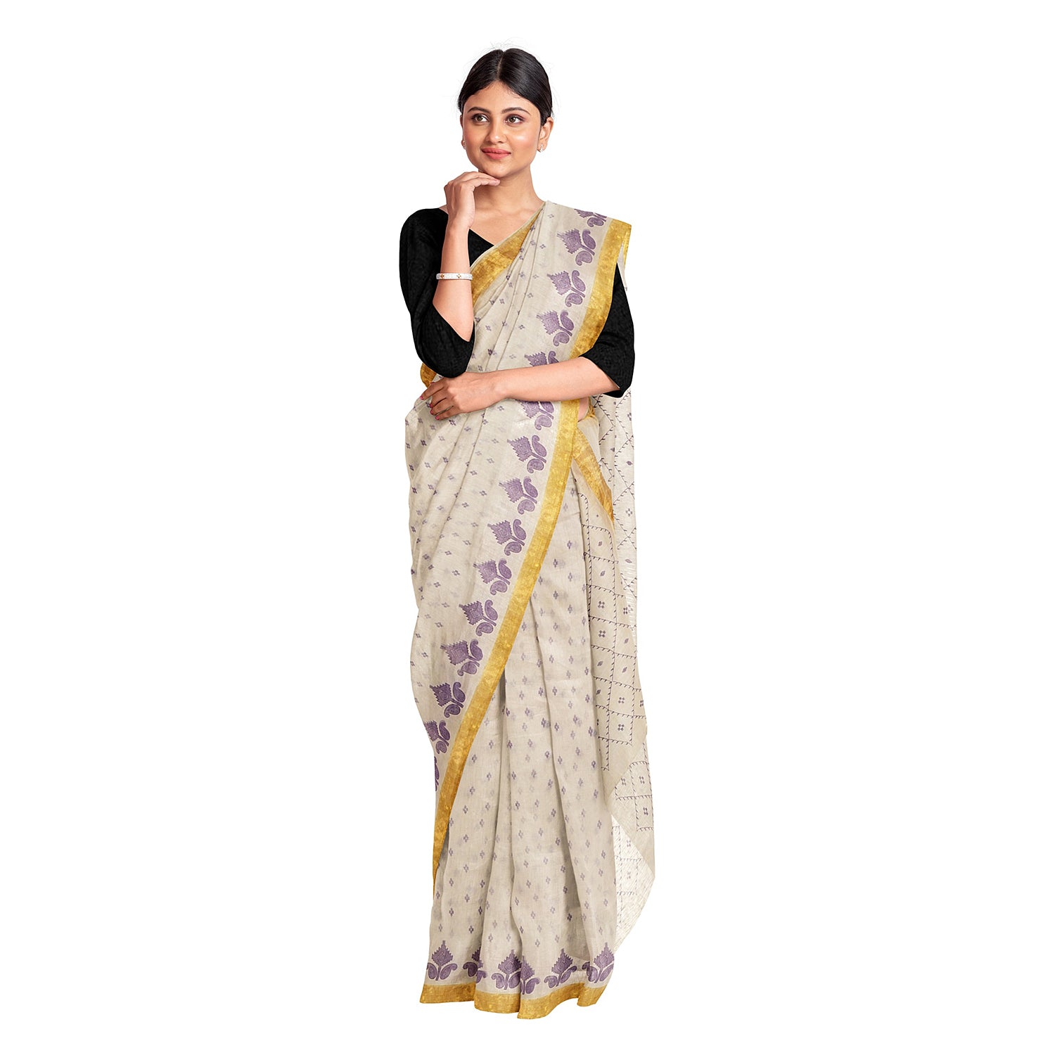 Exclusive Collection 100% Pure Cotton Off White Violet Saree With Printed Work - Distacart