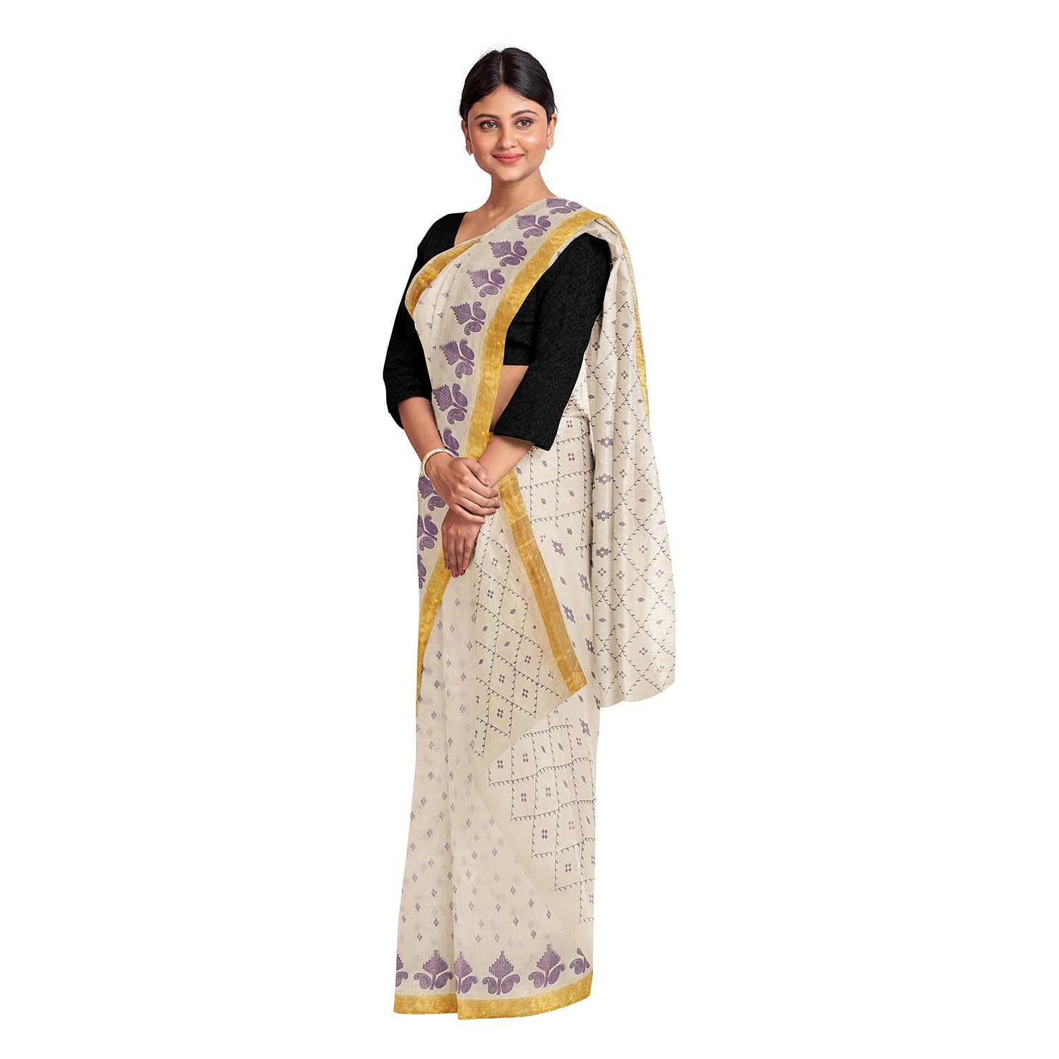 Exclusive Collection 100% Pure Cotton Off White Violet Saree With Printed Work - Distacart