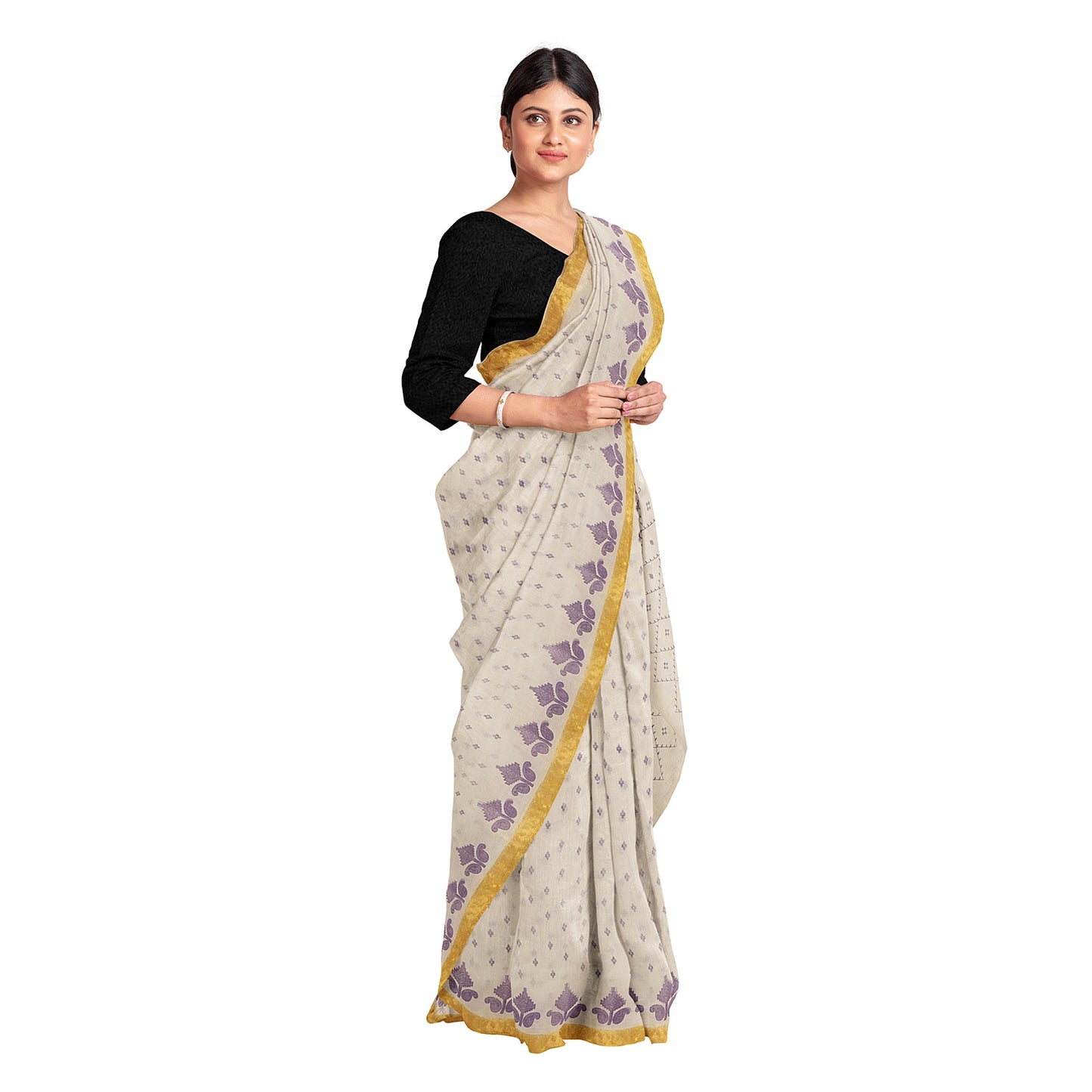 Exclusive Collection 100% Pure Cotton Off White Violet Saree With Printed Work - Distacart