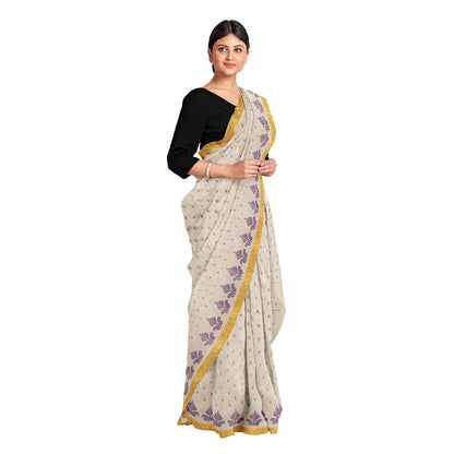 Exclusive Collection 100% Pure Cotton Off White Violet Saree With Printed Work - Distacart