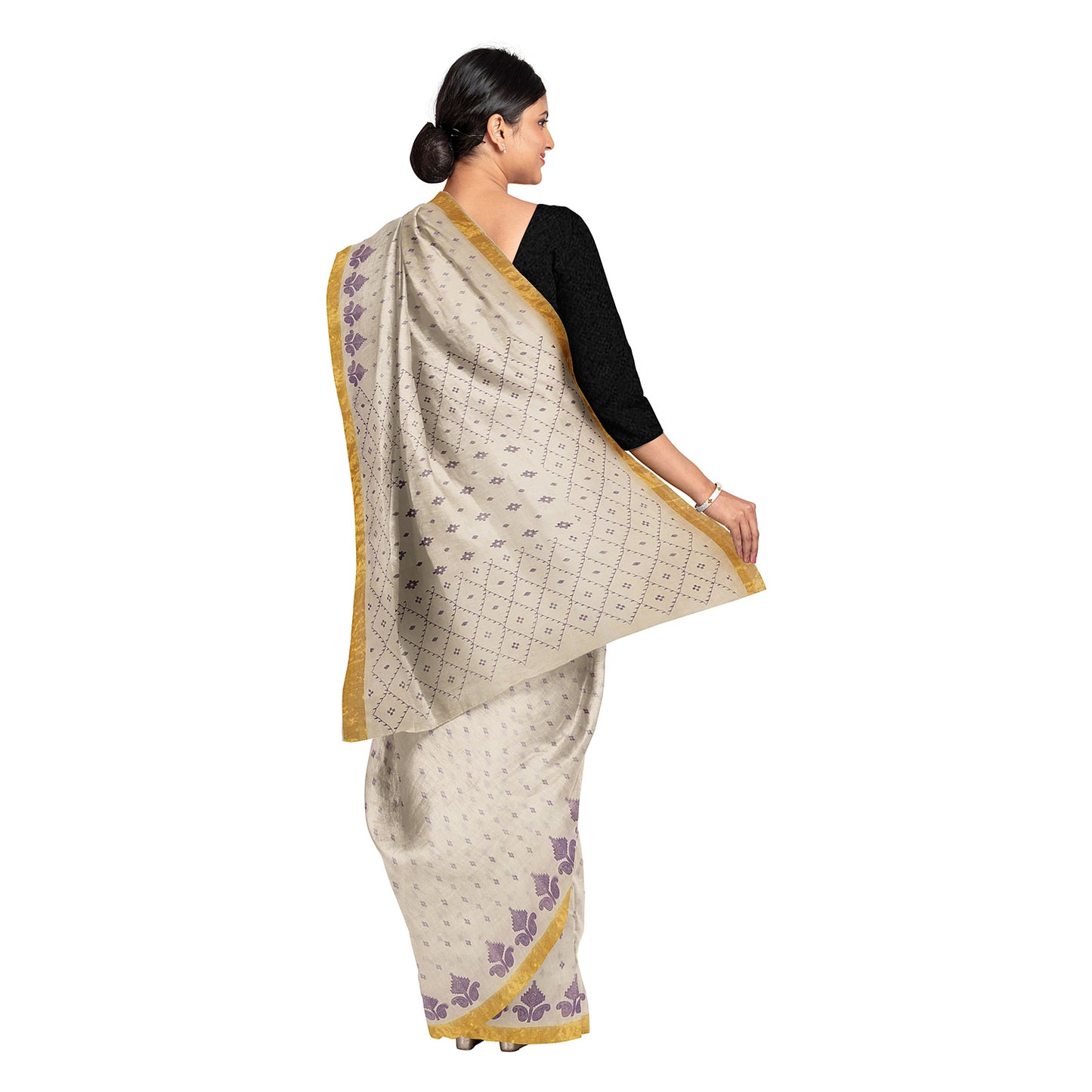 Exclusive Collection 100% Pure Cotton Off White Violet Saree With Printed Work - Distacart