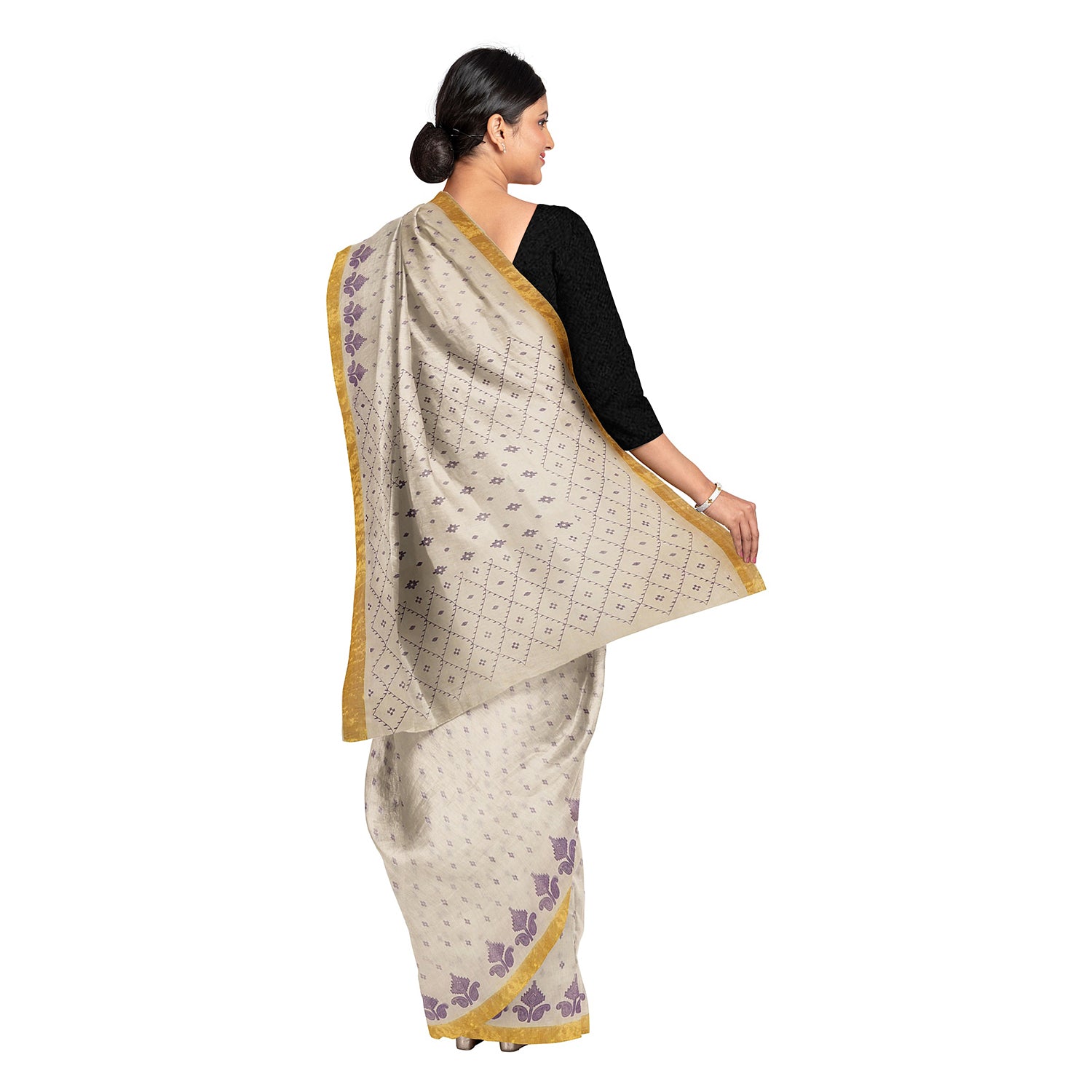 Exclusive Collection 100% Pure Cotton Off White Violet Saree With Printed Work - Distacart