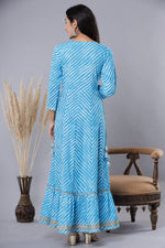 Thumbnail for Juniper Women's Skyblue Printed Embroidered Mirror Work Sequin Cotton Flared Dress - Distacart