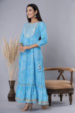 Thumbnail for Juniper Women's Skyblue Printed Embroidered Mirror Work Sequin Cotton Flared Dress - Distacart