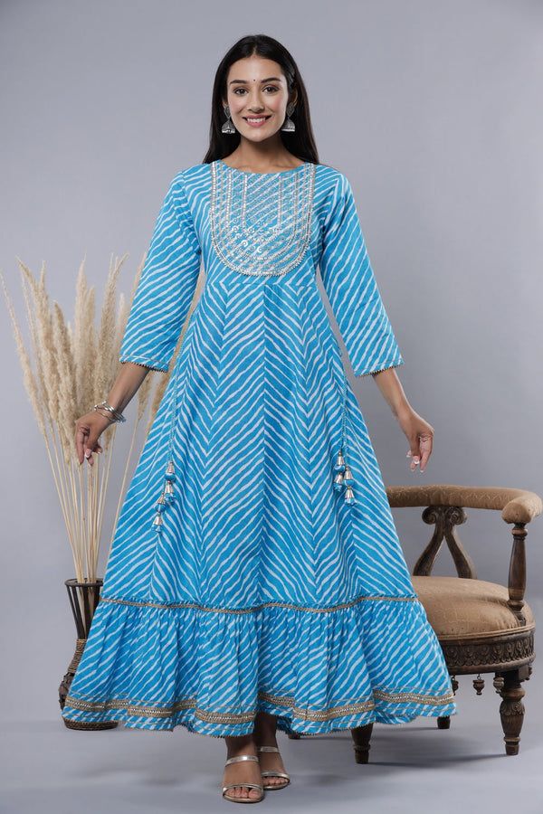 Juniper Women's Skyblue Printed Embroidered Mirror Work Sequin Cotton Flared Dress - Distacart