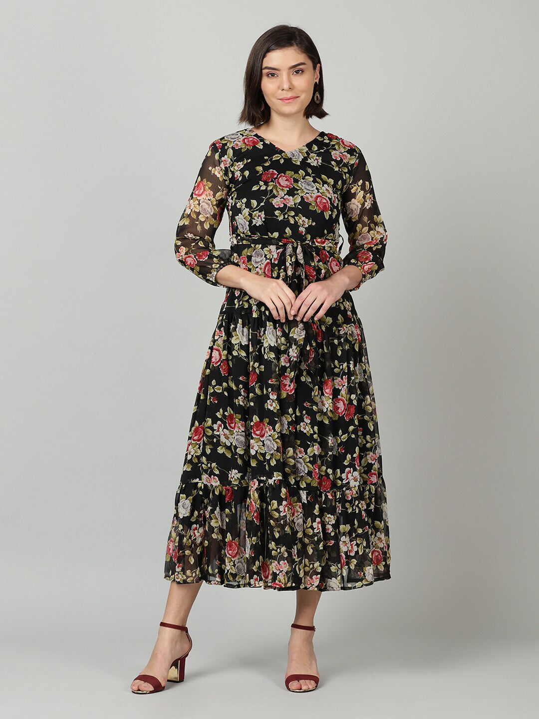 Souchii Black & Pink Floral Chiffon Midi Dress - Distacart