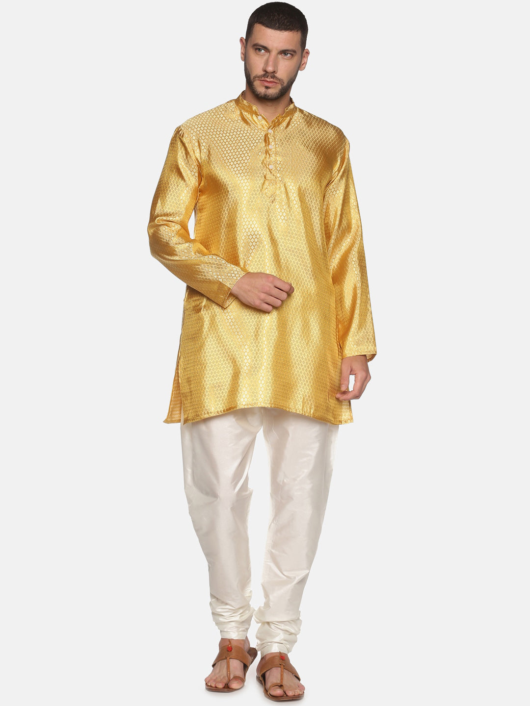 Sethukrishna Men Gold-Toned & White Kurta with Churidar - Distacart