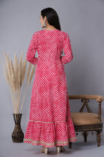 Thumbnail for Juniper Women's Fuschia Printed Embroidered Mirror Work Sequin Cotton Flared Dress - Distacart