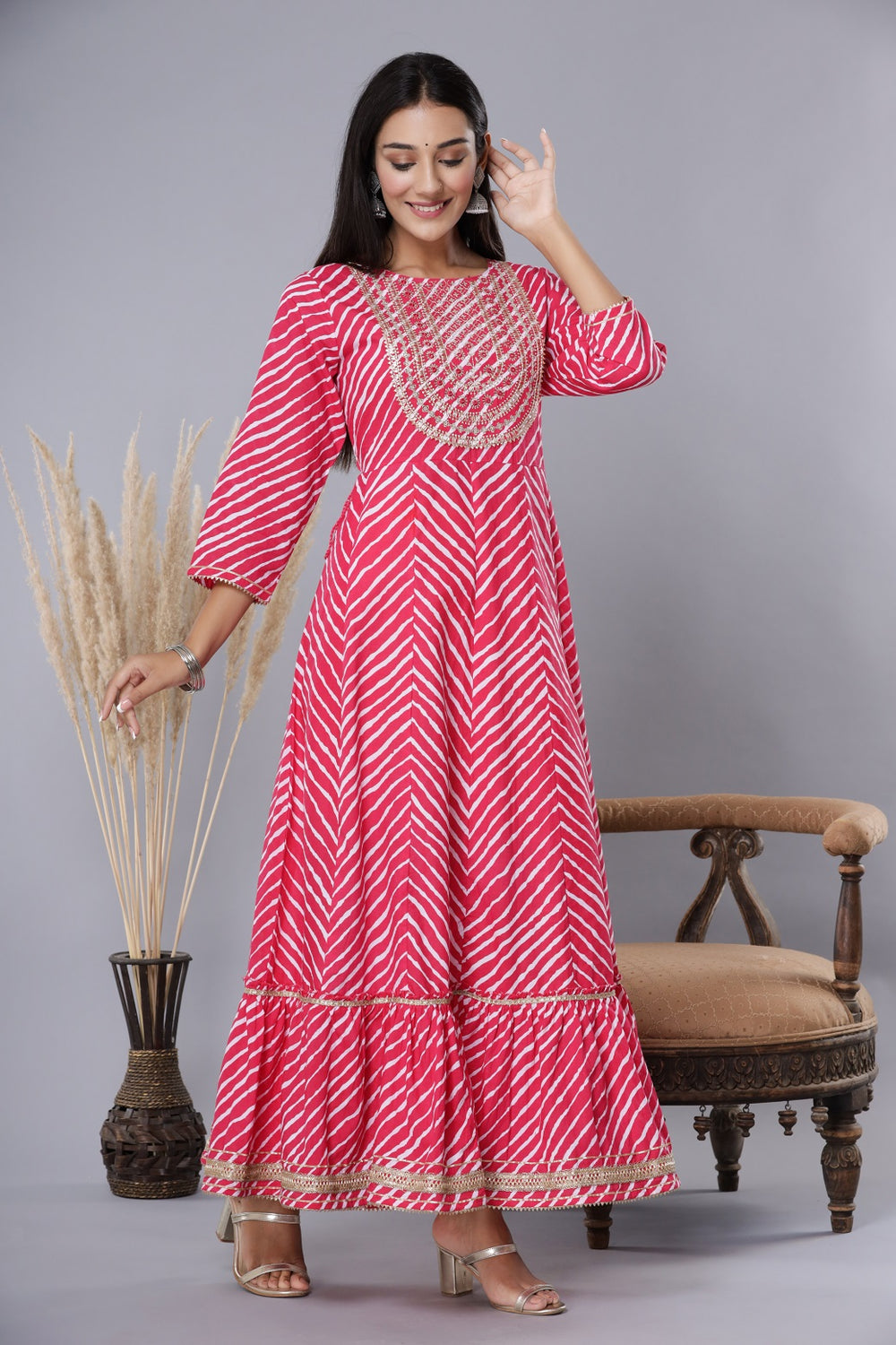 Juniper Women's Fuschia Printed Embroidered Mirror Work Sequin Cotton Flared Dress - Distacart