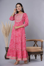Thumbnail for Juniper Women's Fuschia Printed Embroidered Mirror Work Sequin Cotton Flared Dress - Distacart