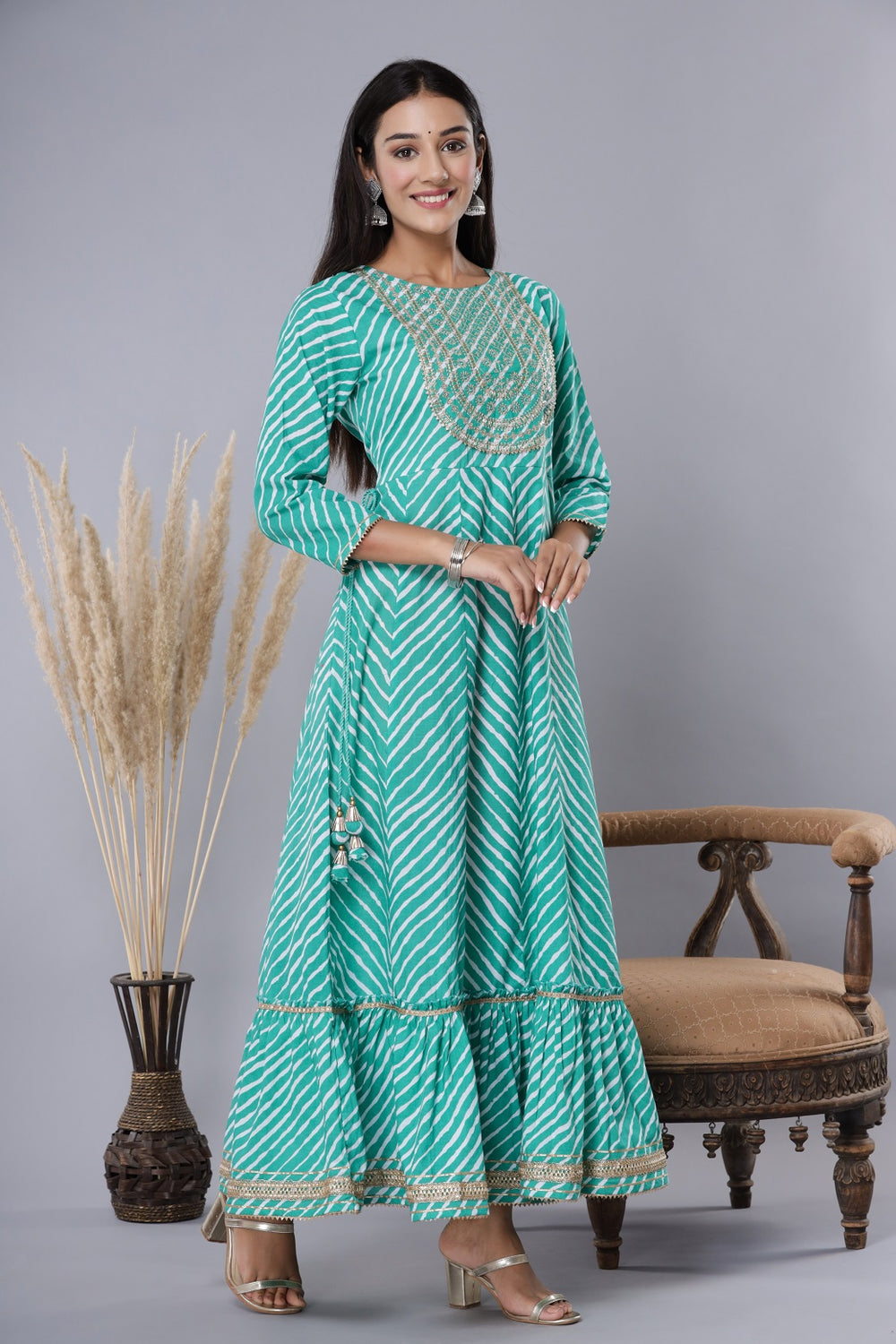 Juniper Women's Green Printed Embroidered Mirror Work Sequin Cotton Flared Dress - Distacart