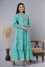 Thumbnail for Juniper Women's Green Printed Embroidered Mirror Work Sequin Cotton Flared Dress - Distacart