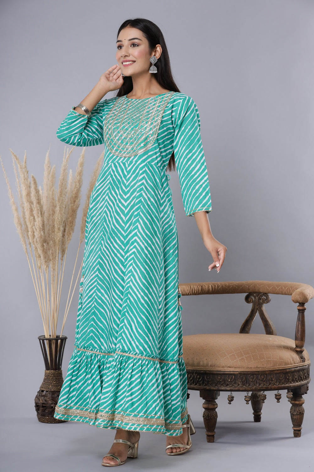 Juniper Women's Green Printed Embroidered Mirror Work Sequin Cotton Flared Dress - Distacart