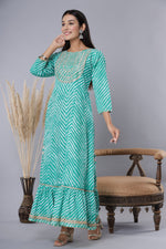 Thumbnail for Juniper Women's Green Printed Embroidered Mirror Work Sequin Cotton Flared Dress - Distacart