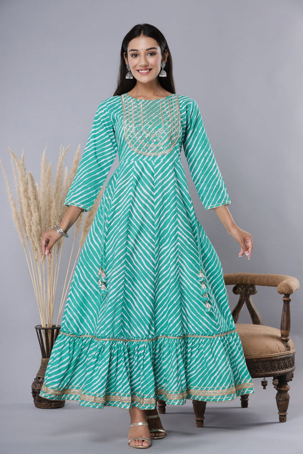 Juniper Women's Green Printed Embroidered Mirror Work Sequin Cotton Flared Dress - Distacart