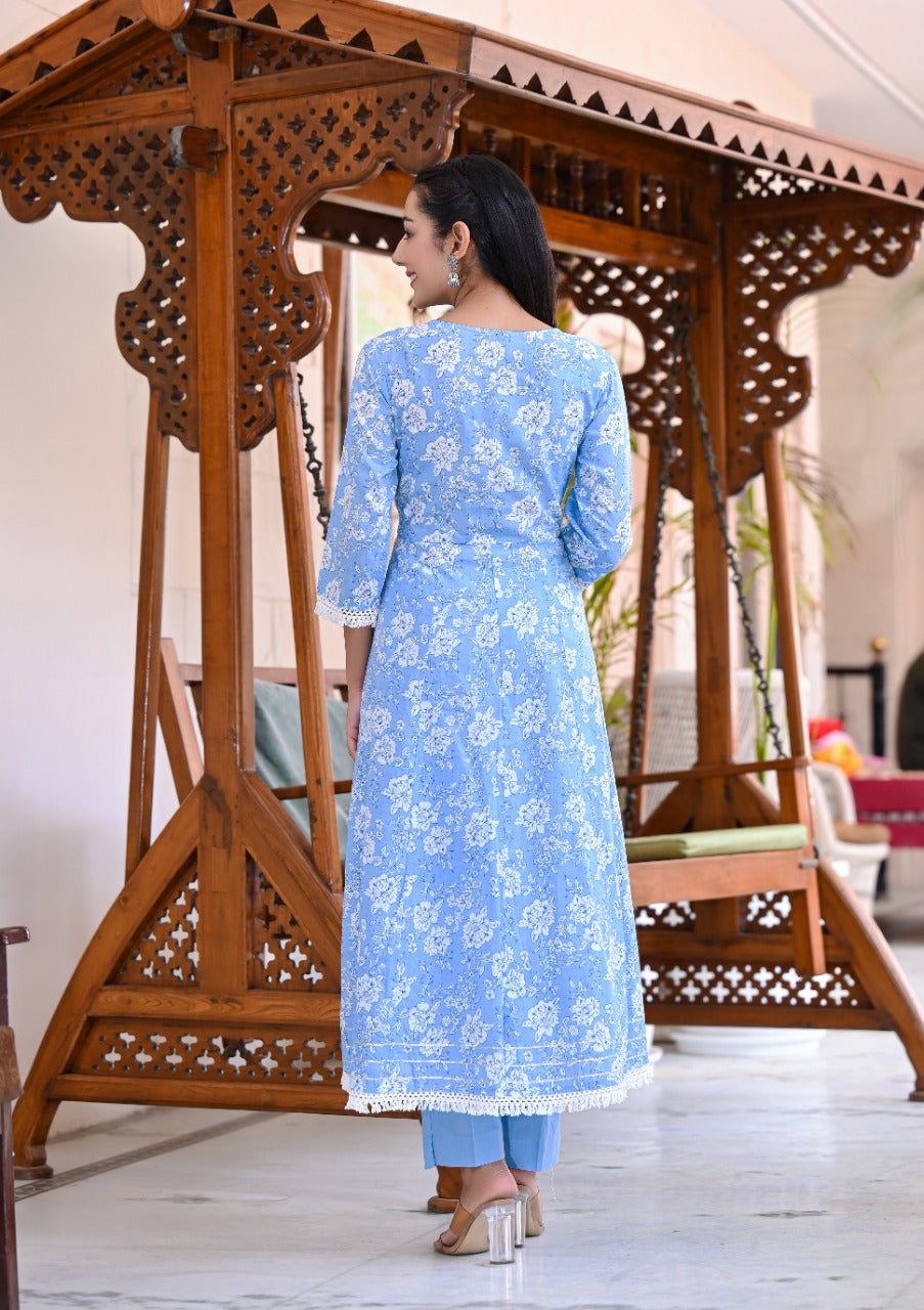 Juniper Women's Sky Blue Cotton Printed Straight Kurta Pant Dupatta Set - Distacart