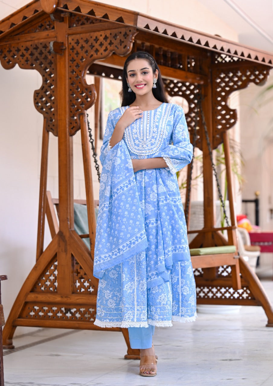 Juniper Women's Sky Blue Cotton Printed Straight Kurta Pant Dupatta Set - Distacart