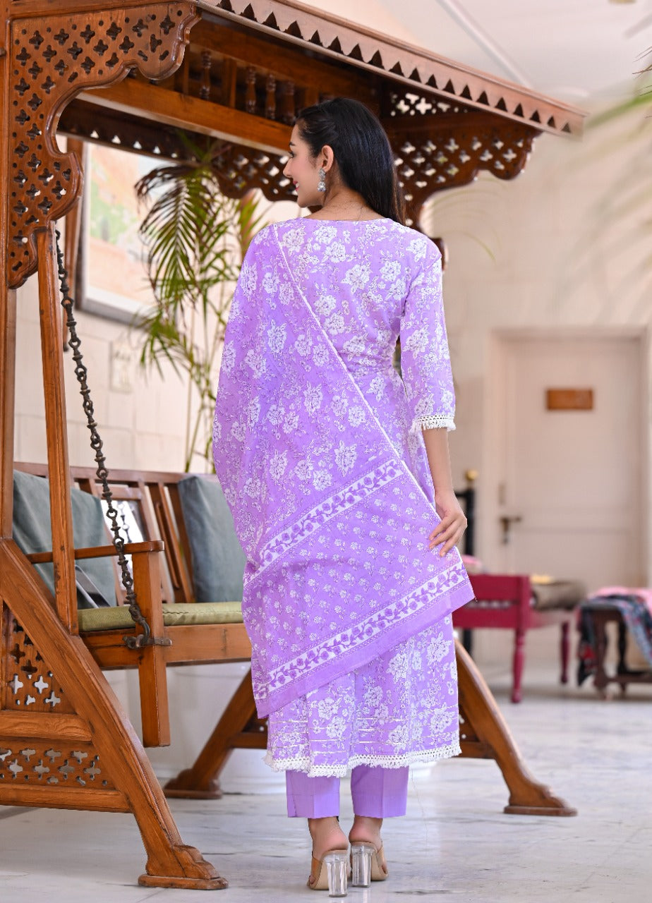 Juniper Women's Purple Cotton Printed Straight Kurta Pant Dupatta Set - Distacart