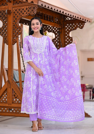 Juniper Women's Purple Cotton Printed Straight Kurta Pant Dupatta Set - Distacart