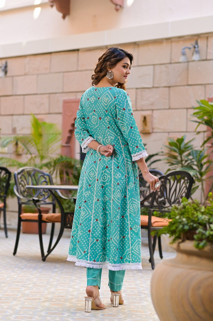 Juniper Women's Teal Cotton Printed Straight Kurta Pant Dupatta Set - Distacart