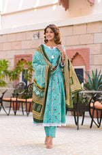 Thumbnail for Juniper Women's Teal Cotton Printed Straight Kurta Pant Dupatta Set - Distacart