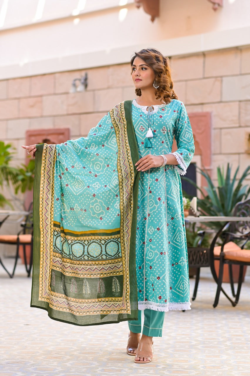Juniper Women's Teal Cotton Printed Straight Kurta Pant Dupatta Set - Distacart