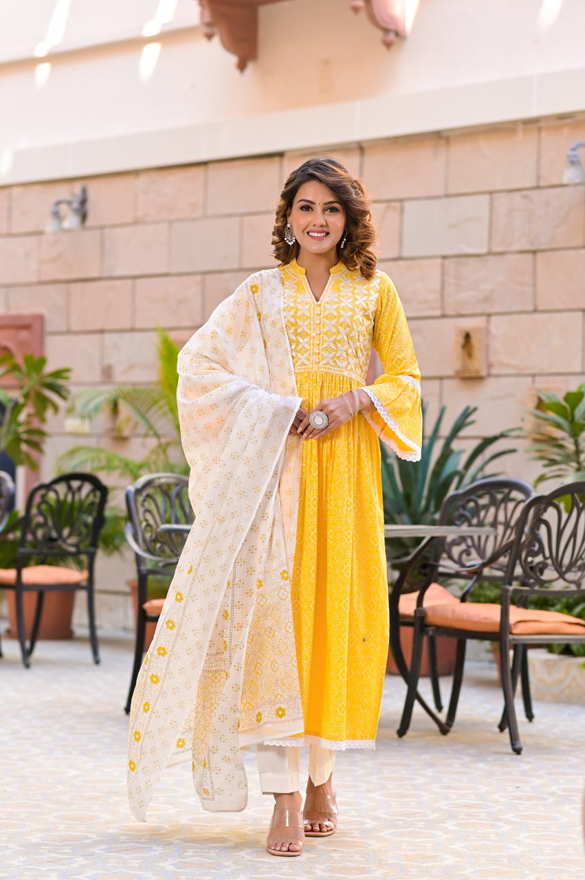 Juniper Women's Yellow Cotton Printed Straight Kurta Pant Dupatta Set - Distacart