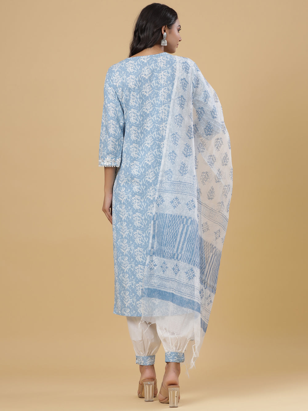 Juniper Women's Sky Blue Cotton Printed Straight Kurta Pant Dupatta Set - Distacart