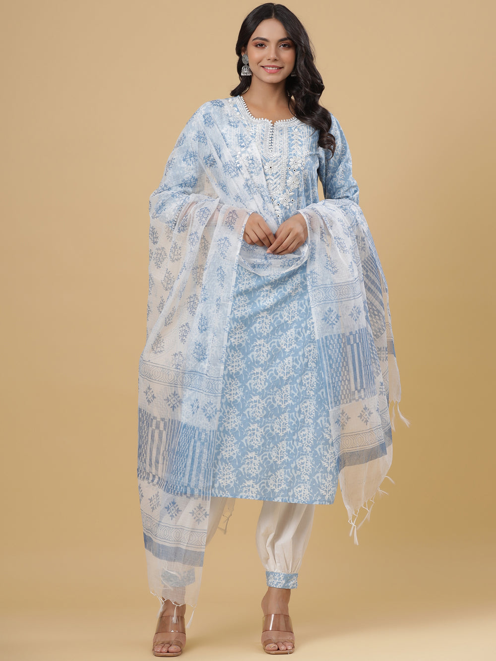 Juniper Women's Sky Blue Cotton Printed Straight Kurta Pant Dupatta Set - Distacart