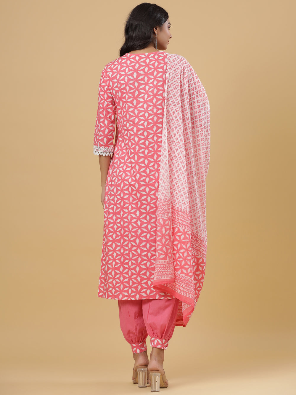 Juniper Women's Pink Cotton Printed Straight Kurta Pant Dupatta Set - Distacart