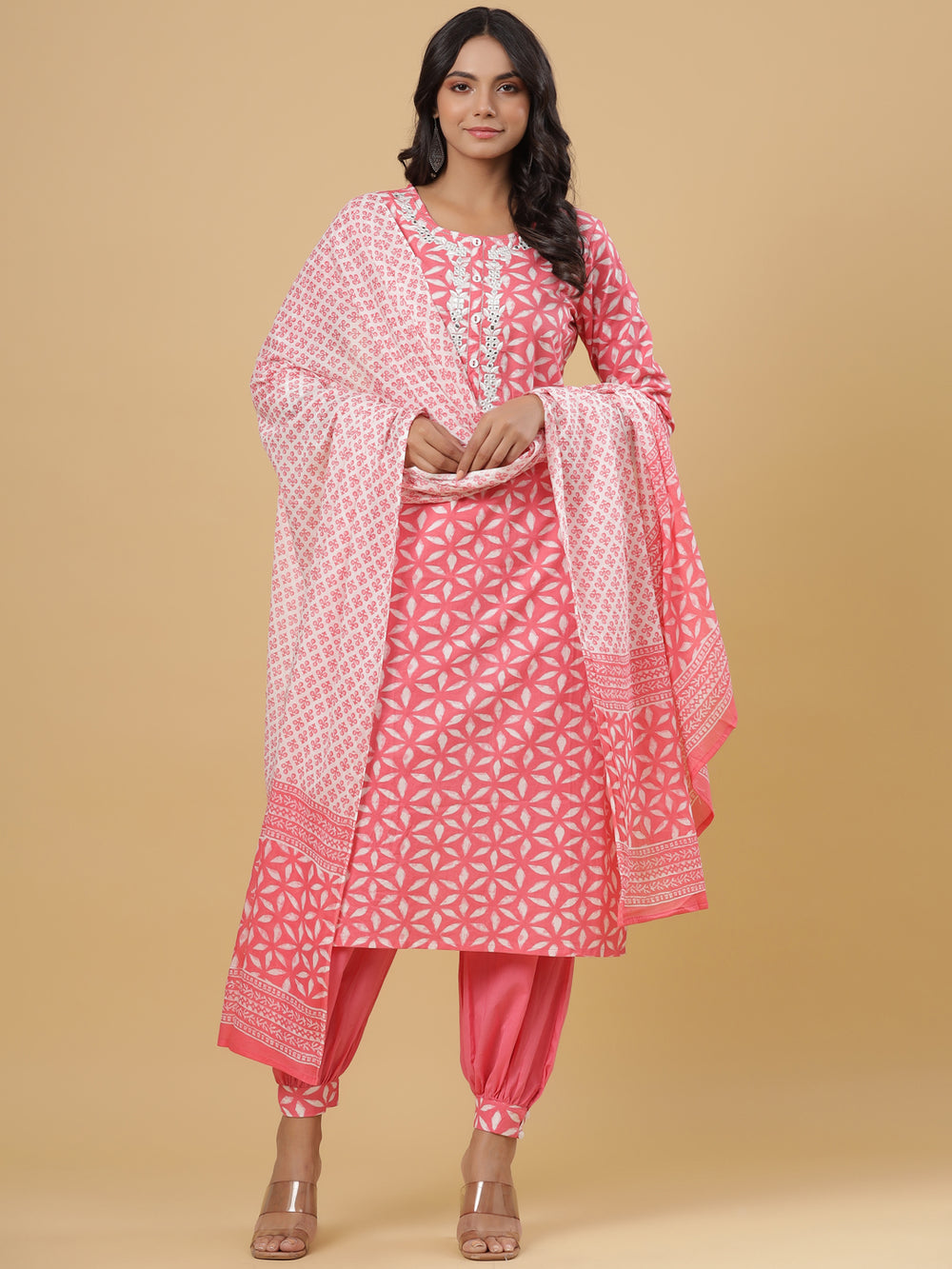 Juniper Women's Pink Cotton Printed Straight Kurta Pant Dupatta Set - Distacart