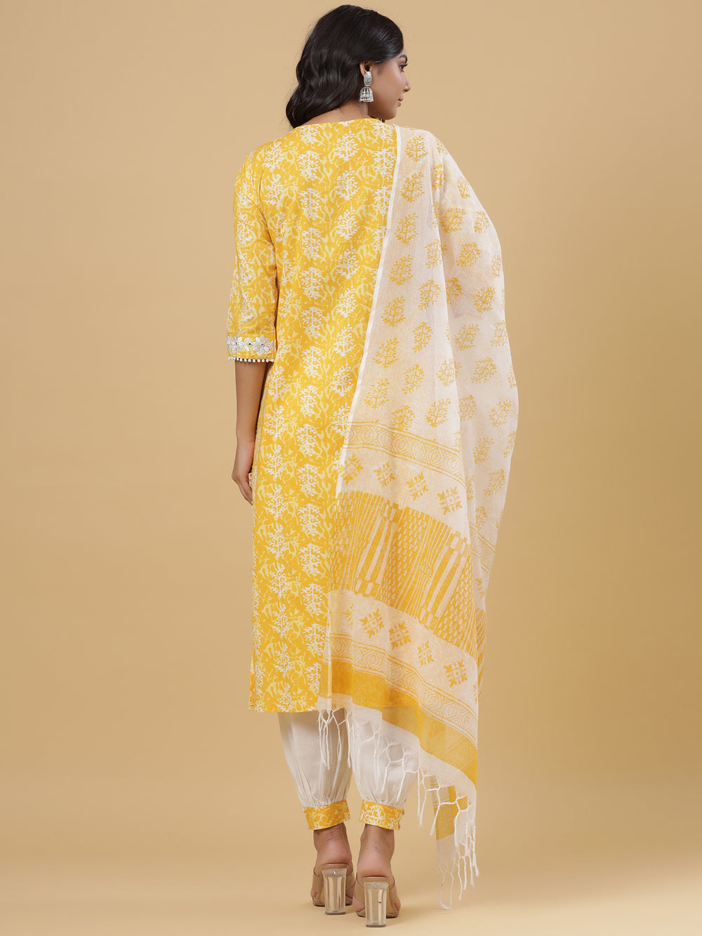 Juniper Women's Yellow Cotton Printed Straight Kurta Pant Dupatta Set - Distacart