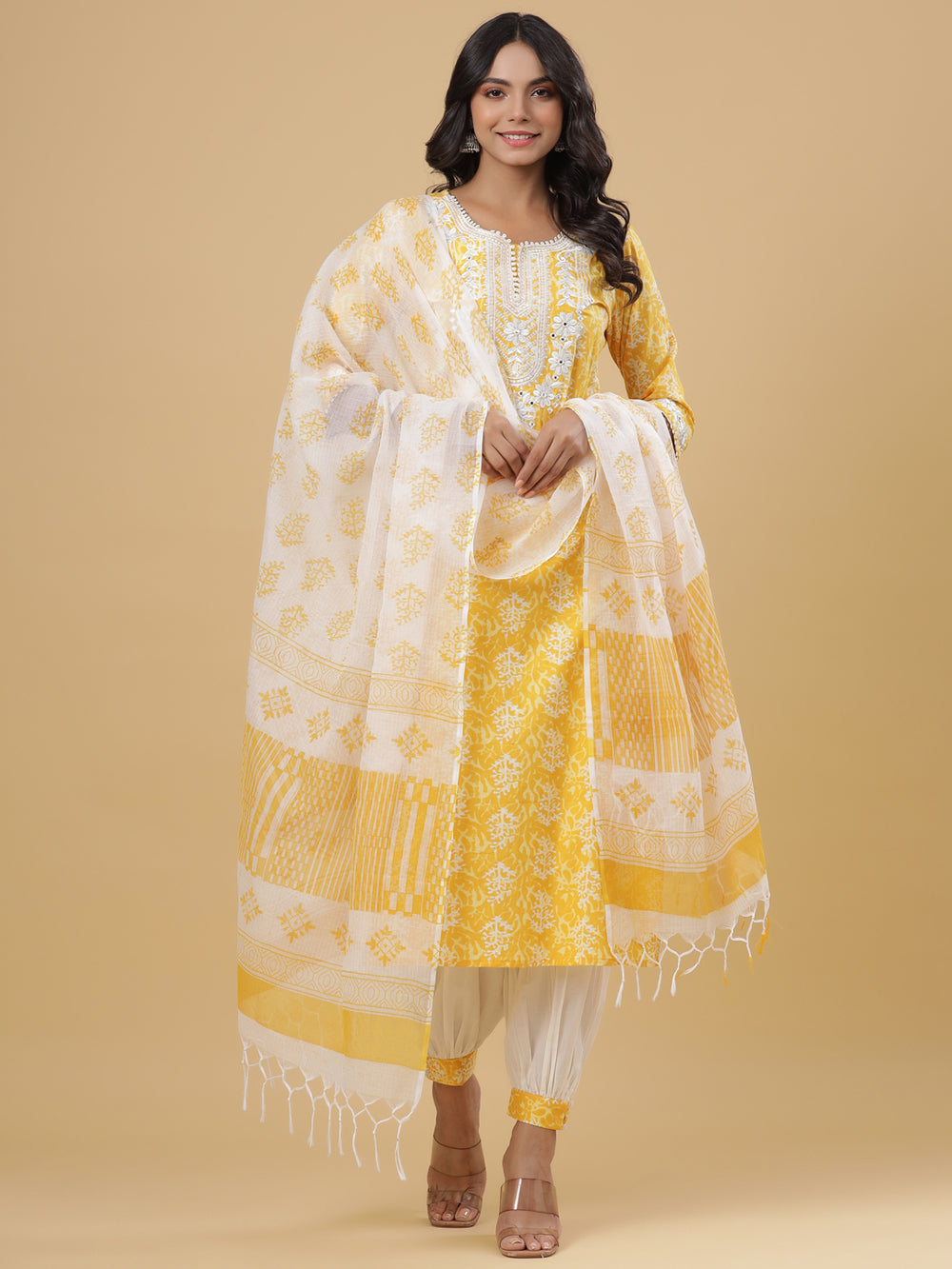 Juniper Women's Yellow Cotton Printed Straight Kurta Pant Dupatta Set - Distacart