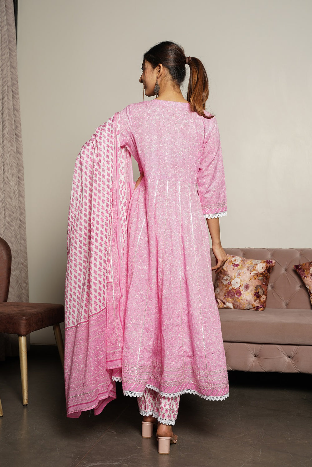 Juniper Women's Pink Cotton Printed Straight Kurta Pant Dupatta Set - Distacart