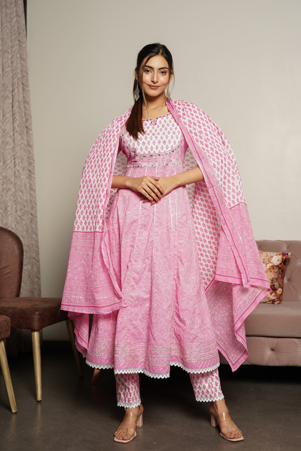 Juniper Women's Pink Cotton Printed Straight Kurta Pant Dupatta Set - Distacart