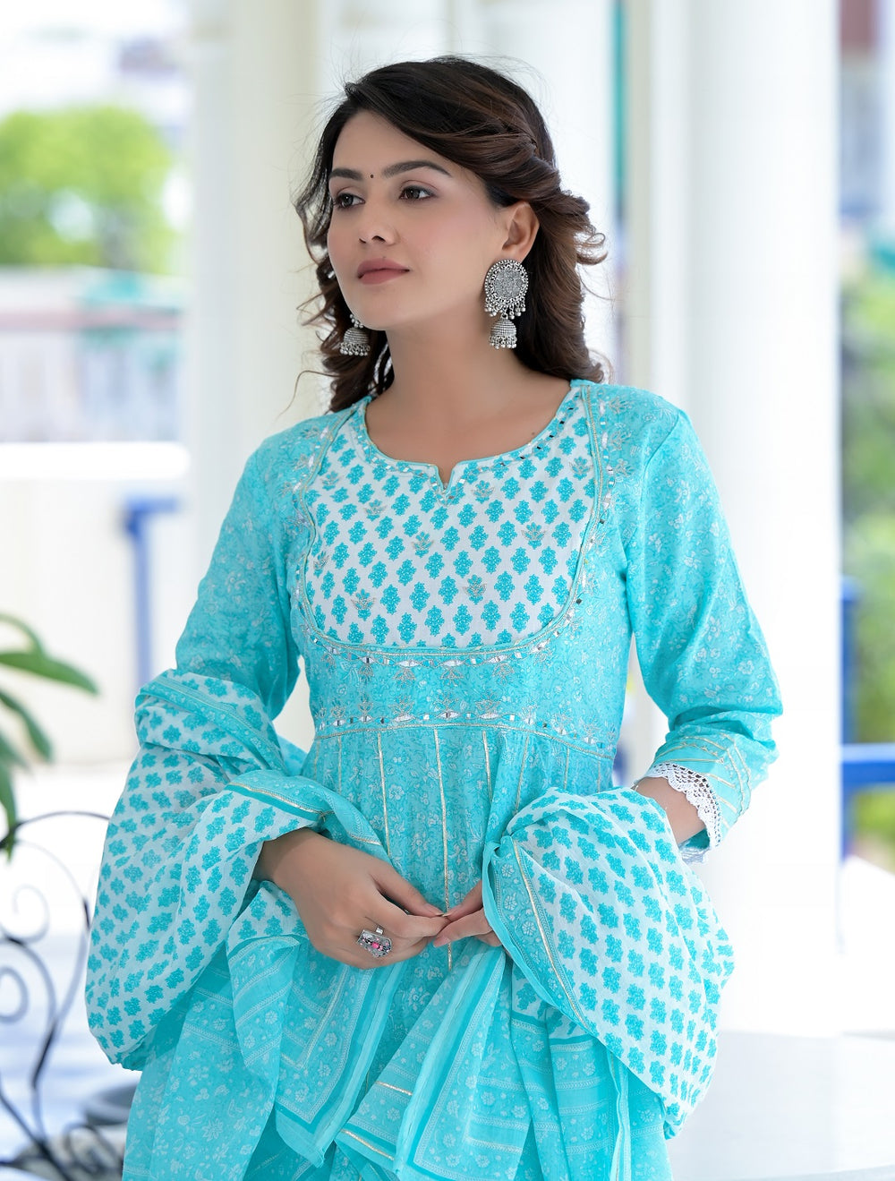Juniper Women's Sky Blue Cotton Printed Straight Kurta Pant Dupatta Set - Distacart